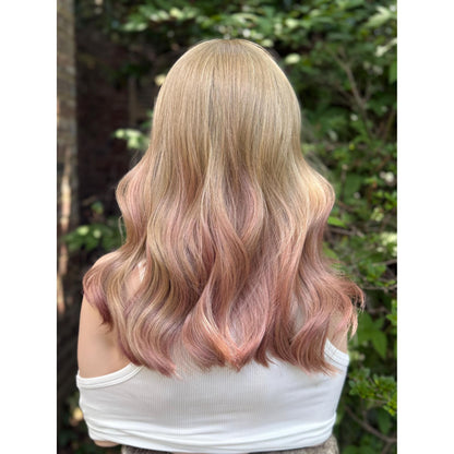 SAKURA Wavy Human Hair Blend Wig, Baby Blonde Pink Balayage Highlights, Lace Front (14 Inch)