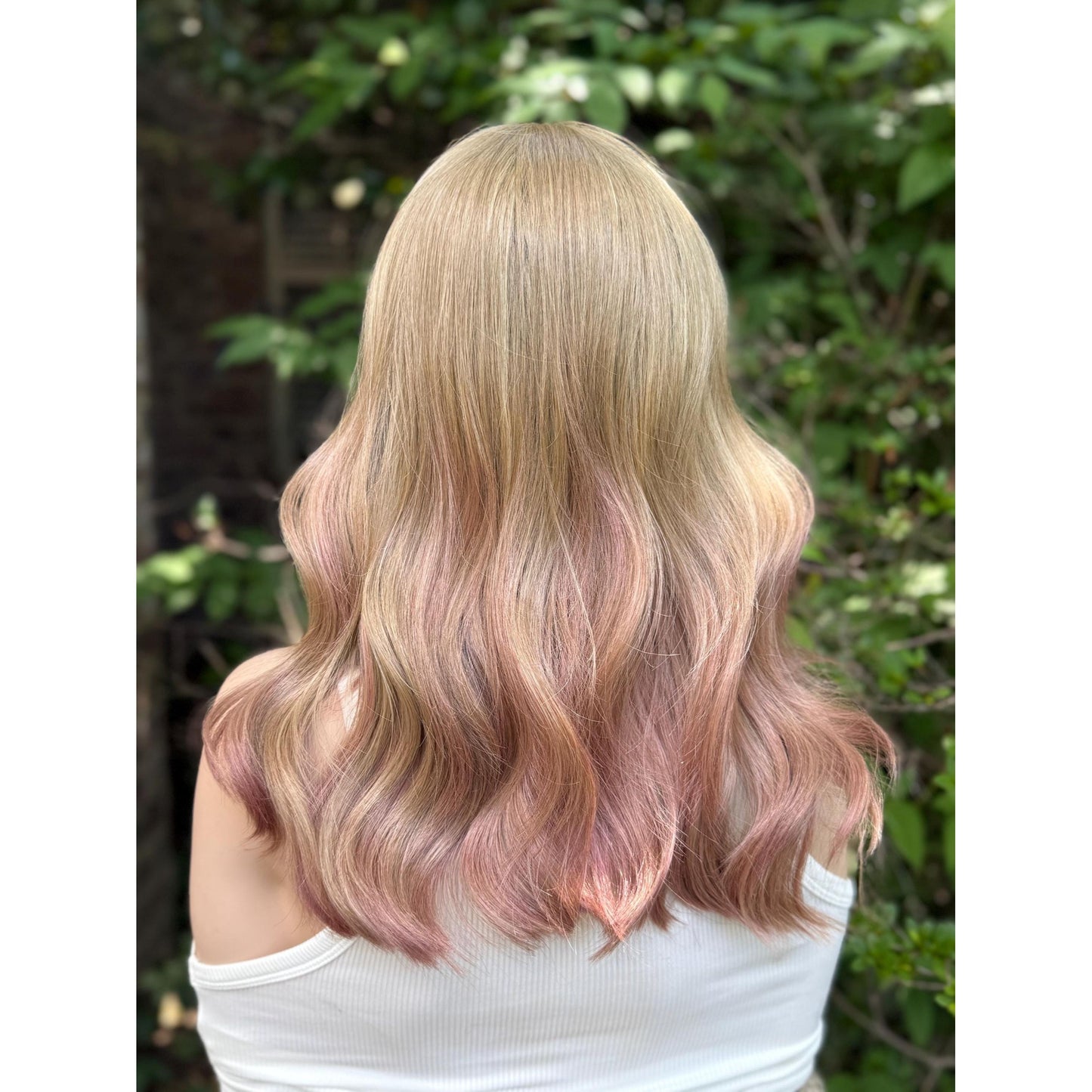 SAKURA Wavy Human Hair Blend Wig, Baby Blonde Pink Balayage Highlights, Lace Front (14 Inch)
