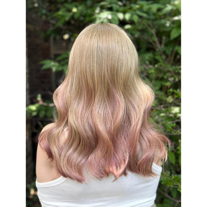 SAKURA Wavy Human Hair Blend Wig, Baby Blonde Pink Balayage Highlights, Lace Front (14 Inch)