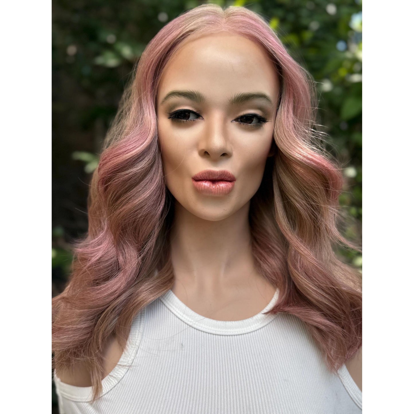 SAKURA Wavy Human Hair Blend Wig, Baby Blonde Pink Balayage Highlights, Lace Front (14 Inch)