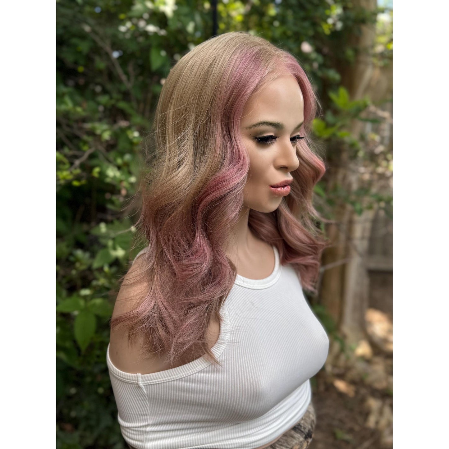 SAKURA Wavy Human Hair Blend Wig, Baby Blonde Pink Balayage Highlights, Lace Front (14 Inch)