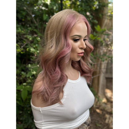 SAKURA Wavy Human Hair Blend Wig, Baby Blonde Pink Balayage Highlights, Lace Front (14 Inch)