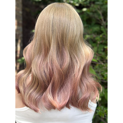 SAKURA Wavy Human Hair Blend Wig, Baby Blonde Pink Balayage Highlights, Lace Front (14 Inch)