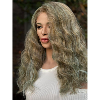 AZURE Blonde Cyan Blue Balayage Wig, Lace Front, 13x6 Hand-Tied, Human Hair Blend
