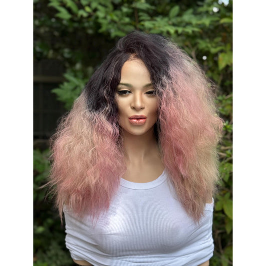 STRAWBERRY CRÈME Cherry Blossom Pink Rooty Blonde Balayage Wig, Lace Front, 13x2 Hand-Tied, Human Hair Blend