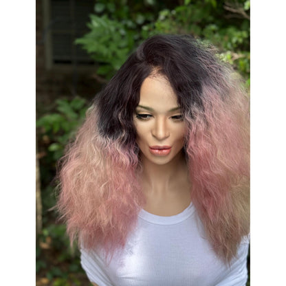 STRAWBERRY CRÈME Cherry Blossom Pink Rooty Blonde Balayage Wig, Lace Front, 13x2 Hand-Tied, Human Hair Blend