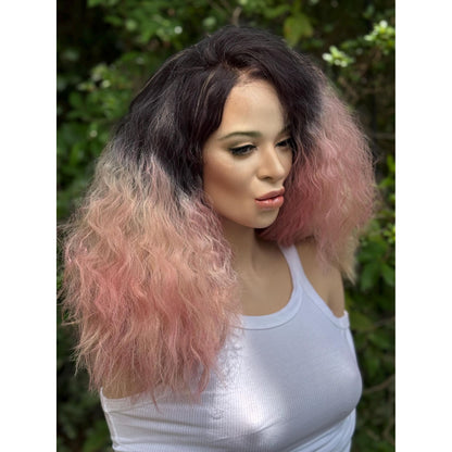 STRAWBERRY CRÈME Cherry Blossom Pink Rooty Blonde Balayage Wig, Lace Front, 13x2 Hand-Tied, Human Hair Blend