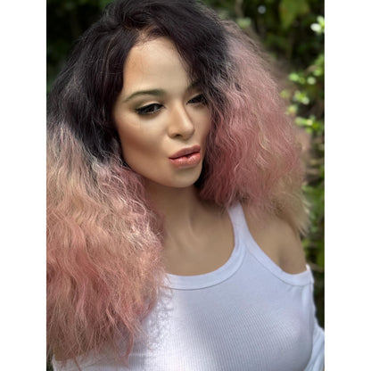 STRAWBERRY CRÈME Cherry Blossom Pink Rooty Blonde Balayage Wig, Lace Front, 13x2 Hand-Tied, Human Hair Blend
