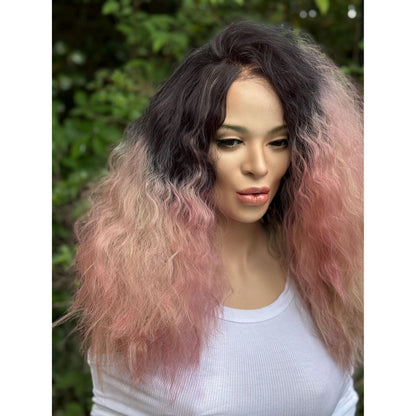 STRAWBERRY CRÈME Cherry Blossom Pink Rooty Blonde Balayage Wig, Lace Front, 13x2 Hand-Tied, Human Hair Blend
