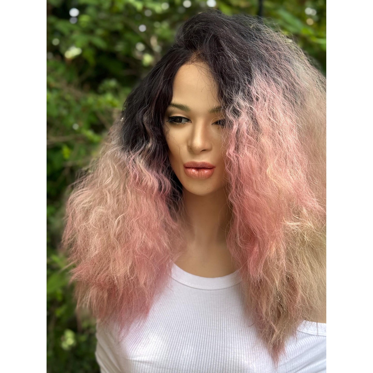 STRAWBERRY CRÈME Cherry Blossom Pink Rooty Blonde Balayage Wig, Lace Front, 13x2 Hand-Tied, Human Hair Blend