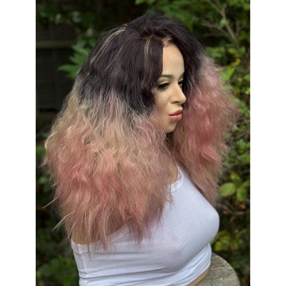 STRAWBERRY CRÈME Cherry Blossom Pink Rooty Blonde Balayage Wig, Lace Front, 13x2 Hand-Tied, Human Hair Blend