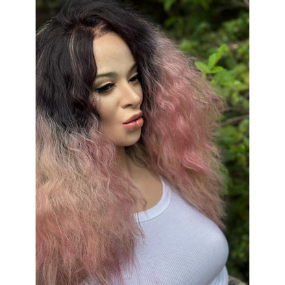 STRAWBERRY CRÈME Cherry Blossom Pink Rooty Blonde Balayage Wig, Lace Front, 13x2 Hand-Tied, Human Hair Blend