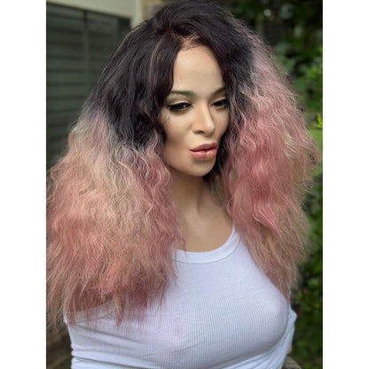 STRAWBERRY CRÈME Cherry Blossom Pink Rooty Blonde Balayage Wig, Lace Front, 13x2 Hand-Tied, Human Hair Blend
