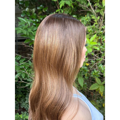 YSABELLA Caramel Brown Balayage Wig, Lace Front, 13x5 Hand-Tied, Sunset Blonde Hi-Lights Human Hair Blend, 20” Beach Waves Layered Hairstyle