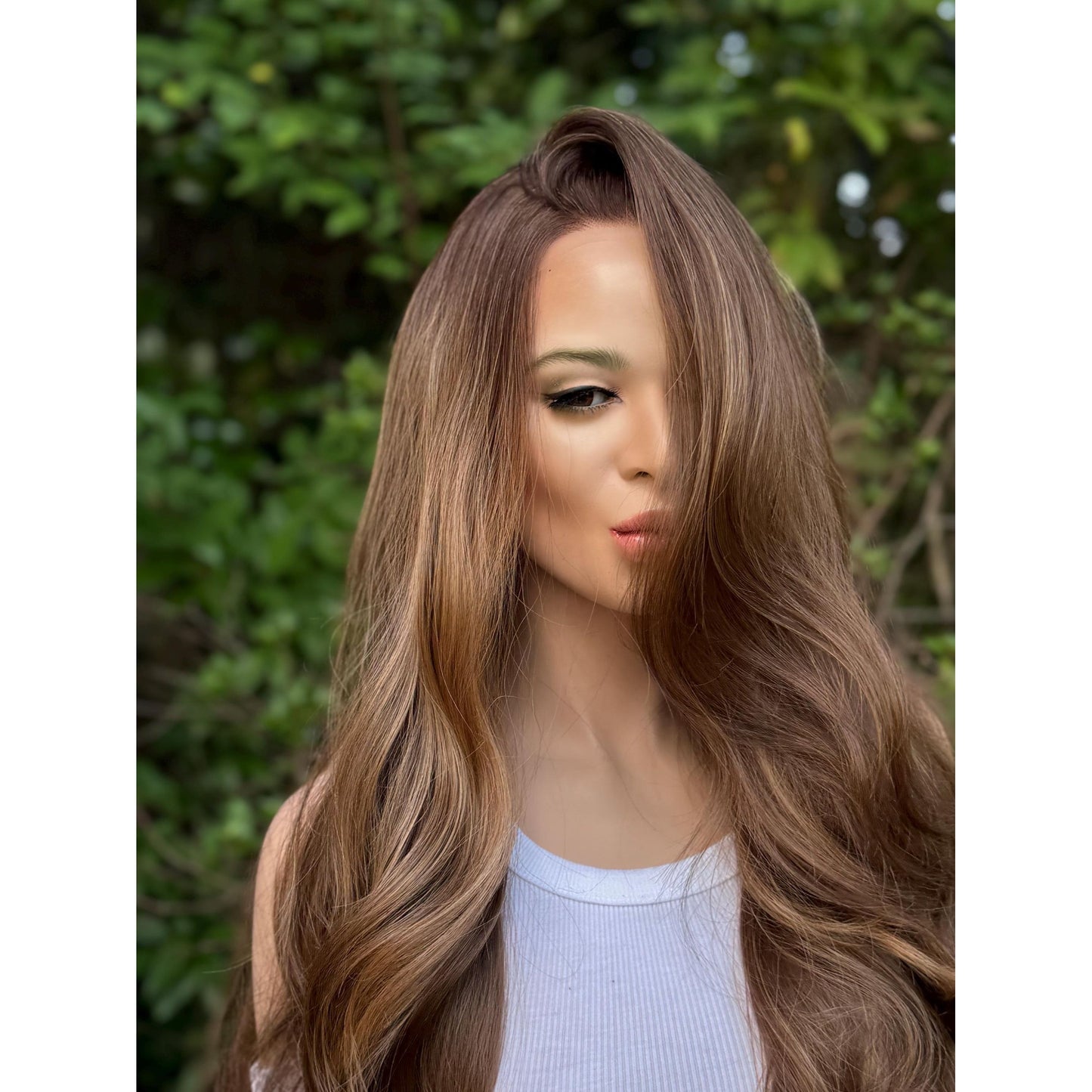 YSABELLA Caramel Brown Balayage Wig, Lace Front, 13x5 Hand-Tied, Sunset Blonde Hi-Lights Human Hair Blend, 20” Beach Waves Layered Hairstyle