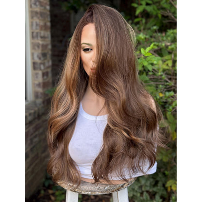 YSABELLA Caramel Brown Balayage Wig, Lace Front, 13x5 Hand-Tied, Sunset Blonde Hi-Lights Human Hair Blend, 20” Beach Waves Layered Hairstyle