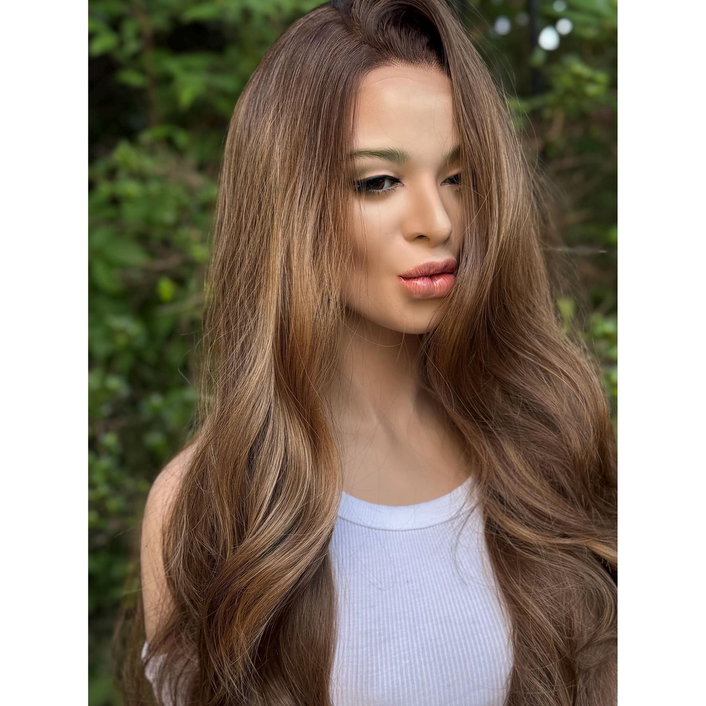 YSABELLA Caramel Brown Balayage Wig, Lace Front, 13x5 Hand-Tied, Sunset Blonde Hi-Lights Human Hair Blend, 20” Beach Waves Layered Hairstyle