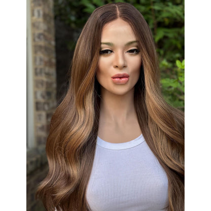 YSABELLA Caramel Brown Balayage Wig, Lace Front, 13x5 Hand-Tied, Sunset Blonde Hi-Lights Human Hair Blend, 20” Beach Waves Layered Hairstyle