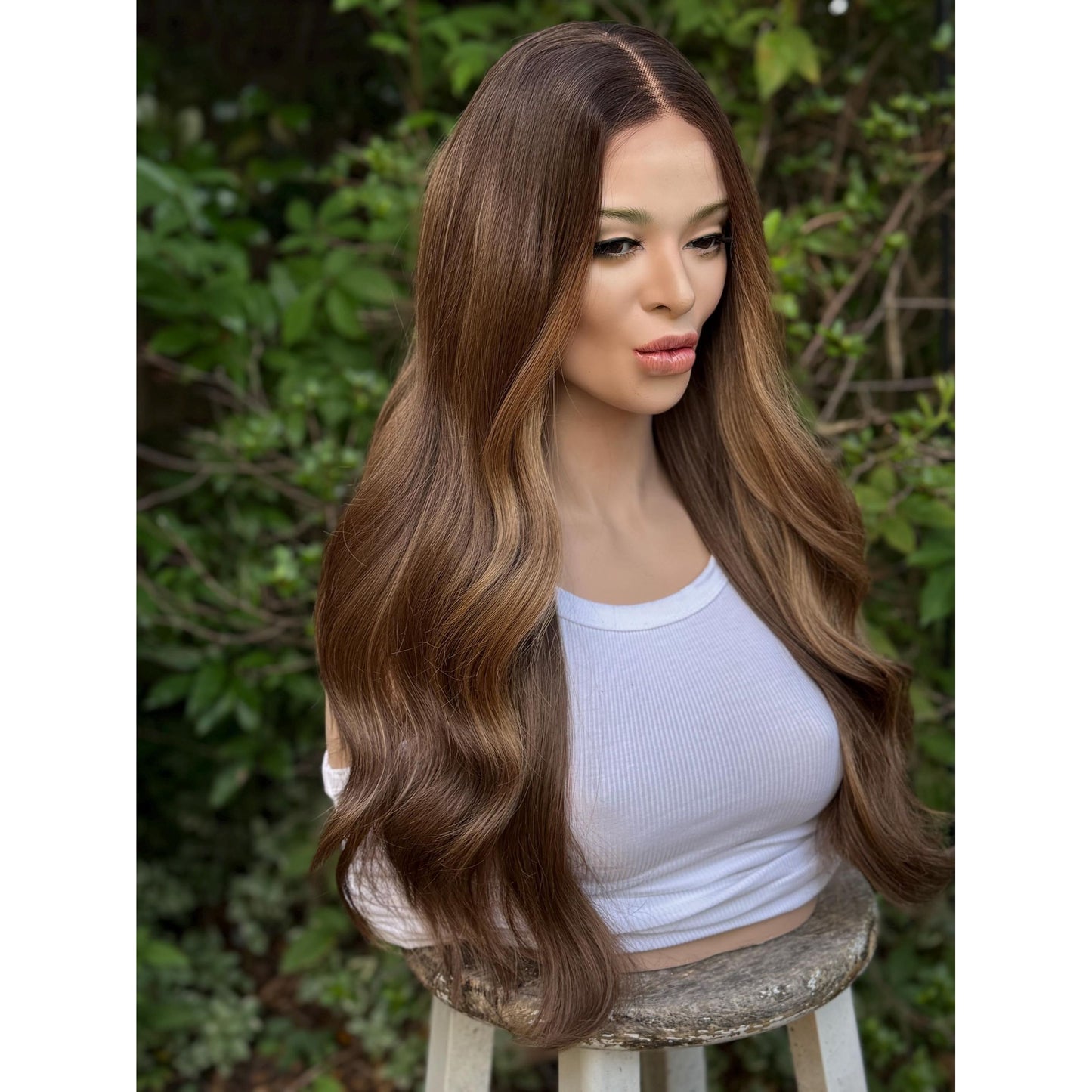YSABELLA Caramel Brown Balayage Wig, Lace Front, 13x5 Hand-Tied, Sunset Blonde Hi-Lights Human Hair Blend, 20” Beach Waves Layered Hairstyle