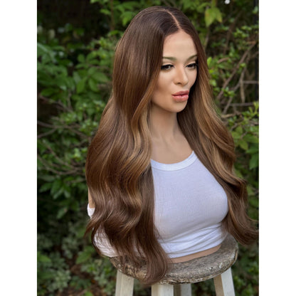 YSABELLA Caramel Brown Balayage Wig, Lace Front, 13x5 Hand-Tied, Sunset Blonde Hi-Lights Human Hair Blend, 20” Beach Waves Layered Hairstyle