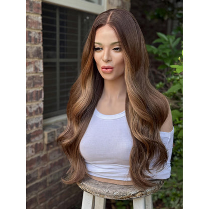 YSABELLA Caramel Brown Balayage Wig, Lace Front, 13x5 Hand-Tied, Sunset Blonde Hi-Lights Human Hair Blend, 20” Beach Waves Layered Hairstyle