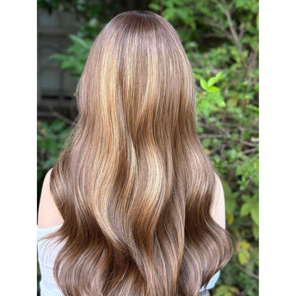 YSABELLA Caramel Brown Balayage Wig, Lace Front, 13x5 Hand-Tied, Sunset Blonde Hi-Lights Human Hair Blend, 20” Beach Waves Layered Hairstyle