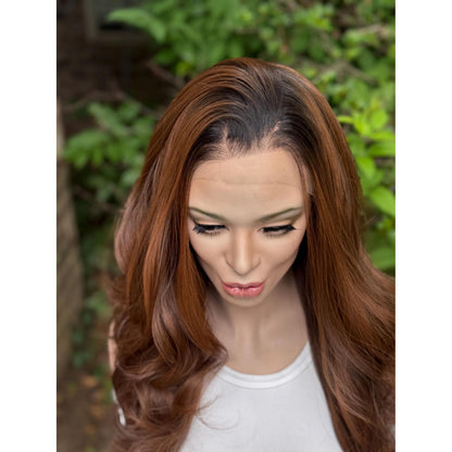 ELIZA Cinnamon Brown Balayage Wig, Lace Front, 13x4 Hand-Tied, Human Hair Blend