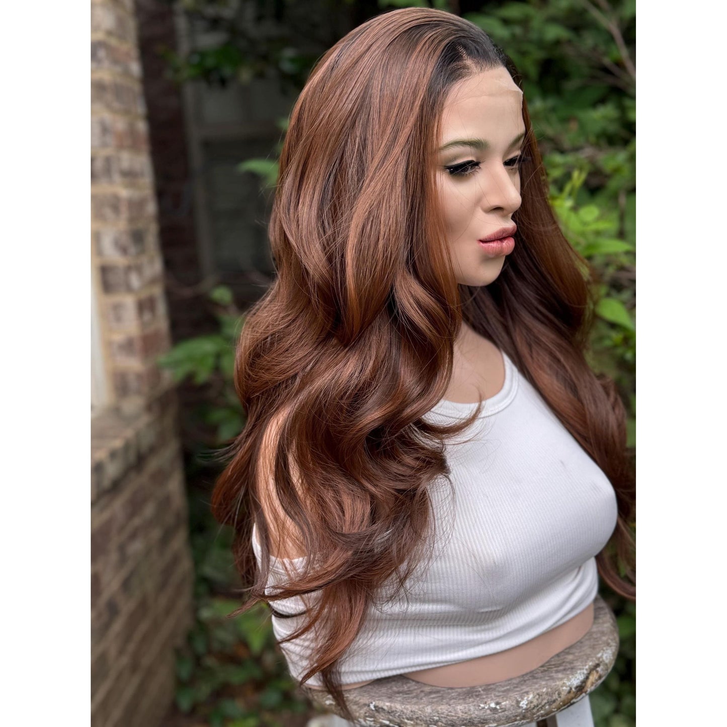 ELIZA Cinnamon Brown Balayage Wig, Lace Front, 13x4 Hand-Tied, Human Hair Blend