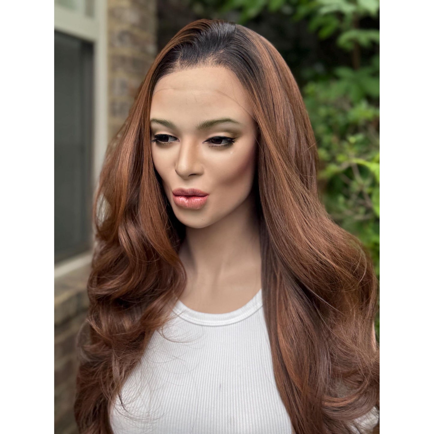 ELIZA Cinnamon Brown Balayage Wig, Lace Front, 13x4 Hand-Tied, Human Hair Blend