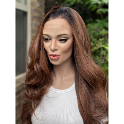ELIZA Cinnamon Brown Balayage Wig, Lace Front, 13x4 Hand-Tied, Human Hair Blend
