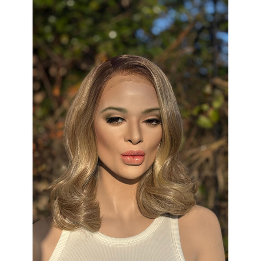 DOVE Bixie Cut Short Bob Human Hair Blend Wig, Light Pecan Blonde Swirl, Lace Front (9 Inch)