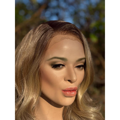 DOVE Bixie Cut Short Bob Human Hair Blend Wig, Light Pecan Blonde Swirl, Lace Front (9 Inch)