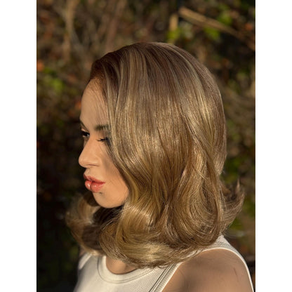 DOVE Bixie Cut Short Bob Human Hair Blend Wig, Light Pecan Blonde Swirl, Lace Front (9 Inch)