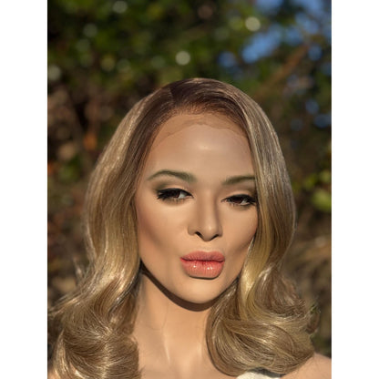 DOVE Bixie Cut Short Bob Human Hair Blend Wig, Light Pecan Blonde Swirl, Lace Front (9 Inch)