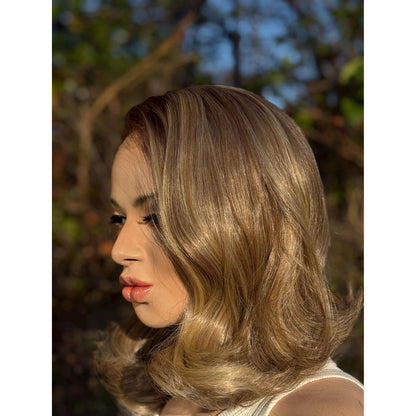 DOVE Bixie Cut Short Bob Human Hair Blend Wig, Light Pecan Blonde Swirl, Lace Front (9 Inch)