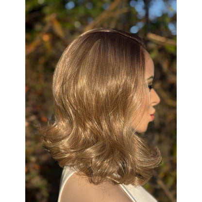 DOVE Bixie Cut Short Bob Human Hair Blend Wig, Light Pecan Blonde Swirl, Lace Front (9 Inch)
