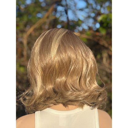 DOVE Bixie Cut Short Bob Human Hair Blend Wig, Light Pecan Blonde Swirl, Lace Front (9 Inch)