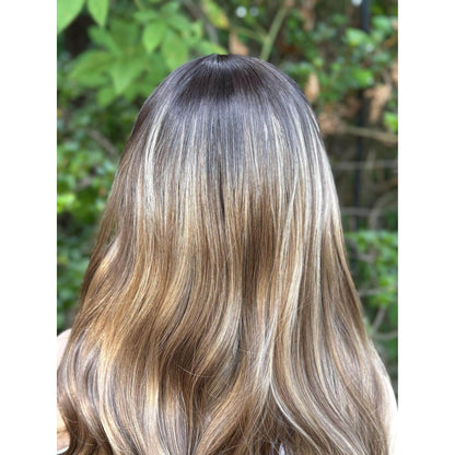 BRISTOL Chocolate Brown Blonde Highlights Wig,  Human Hair Blend Lace Front, 13x4 Hand-Tied Lace Top