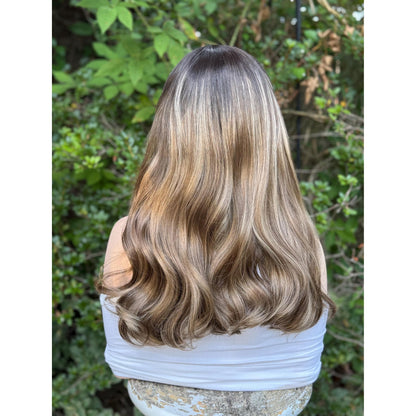 BRISTOL Chocolate Brown Blonde Highlights Wig,  Human Hair Blend Lace Front, 13x4 Hand-Tied Lace Top