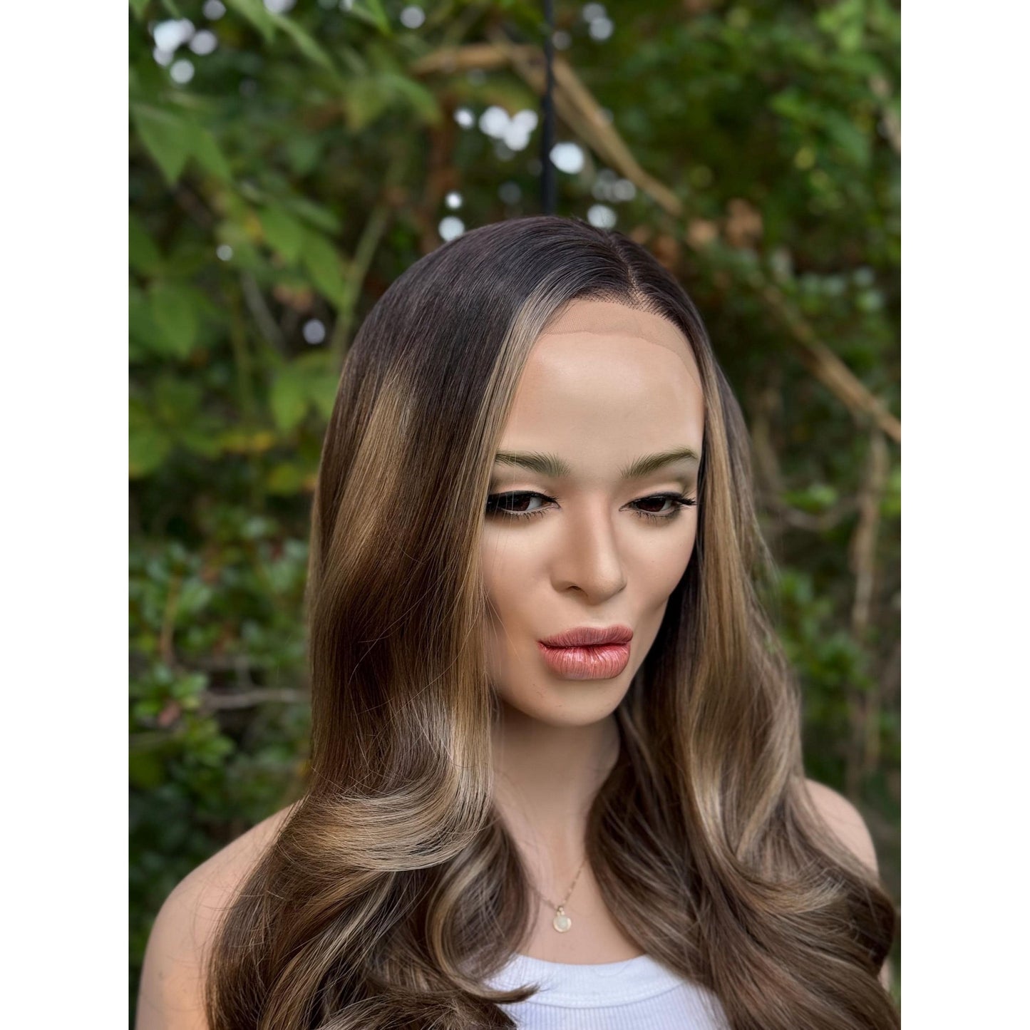 BRISTOL Chocolate Brown Blonde Highlights Wig,  Human Hair Blend Lace Front, 13x4 Hand-Tied Lace Top