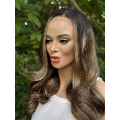 BRISTOL Chocolate Brown Blonde Highlights Wig,  Human Hair Blend Lace Front, 13x4 Hand-Tied Lace Top