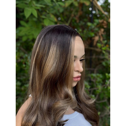 BRISTOL Chocolate Brown Blonde Highlights Wig,  Human Hair Blend Lace Front, 13x4 Hand-Tied Lace Top