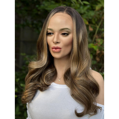 BRISTOL Chocolate Brown Blonde Highlights Wig,  Human Hair Blend Lace Front, 13x4 Hand-Tied Lace Top