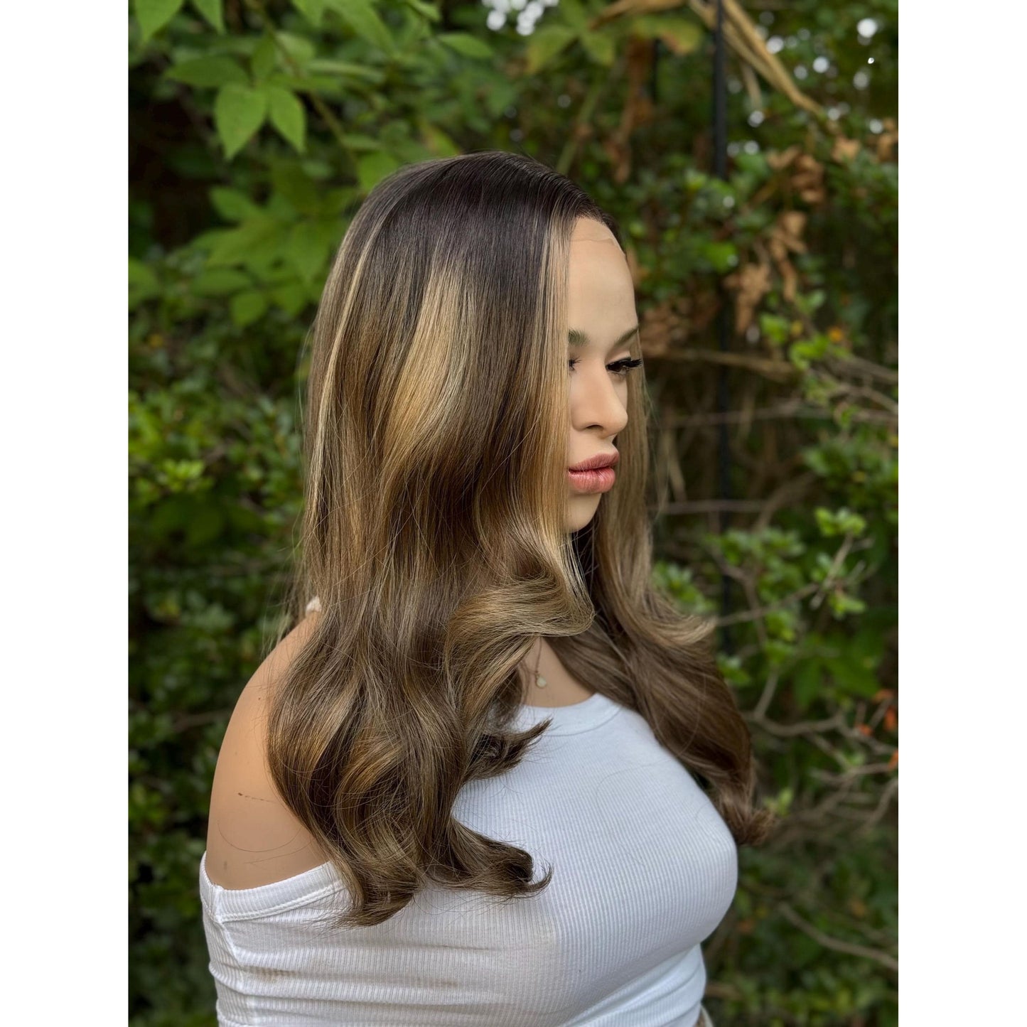 BRISTOL Chocolate Brown Blonde Highlights Wig,  Human Hair Blend Lace Front, 13x4 Hand-Tied Lace Top
