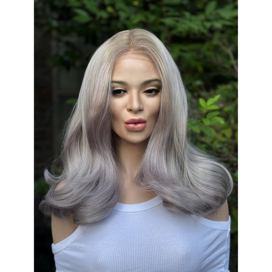 STORMI Cloudy Grey Hints of Misty Purple Fog Balayage Wig, Blonde Lace Front, 13x6 Hand-Tied, Human Hair Blend