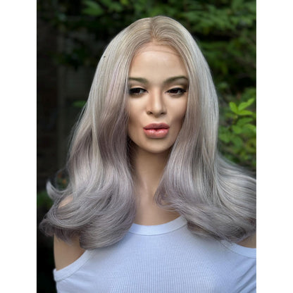 STORMI Cloudy Grey Hints of Misty Purple Fog Balayage Wig, Blonde Lace Front, 13x6 Hand-Tied, Human Hair Blend