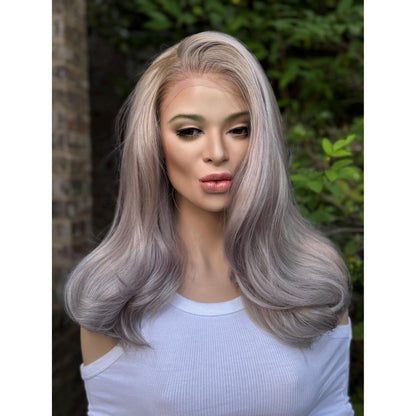 STORMI Cloudy Grey Hints of Misty Purple Fog Balayage Wig, Blonde Lace Front, 13x6 Hand-Tied, Human Hair Blend