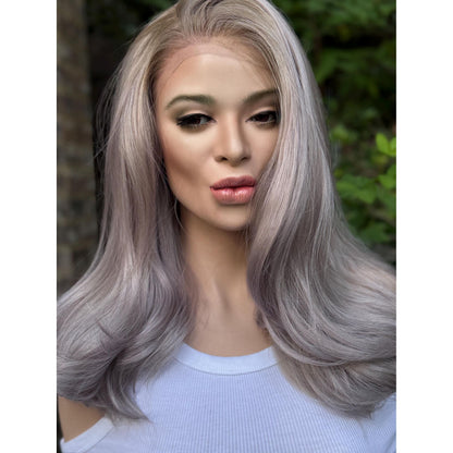 STORMI Cloudy Grey Hints of Misty Purple Fog Balayage Wig, Blonde Lace Front, 13x6 Hand-Tied, Human Hair Blend