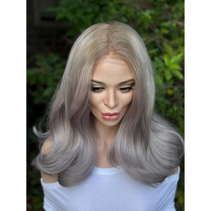 STORMI Cloudy Grey Hints of Misty Purple Fog Balayage Wig, Blonde Lace Front, 13x6 Hand-Tied, Human Hair Blend
