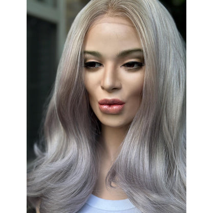 STORMI Cloudy Grey Hints of Misty Purple Fog Balayage Wig, Blonde Lace Front, 13x6 Hand-Tied, Human Hair Blend